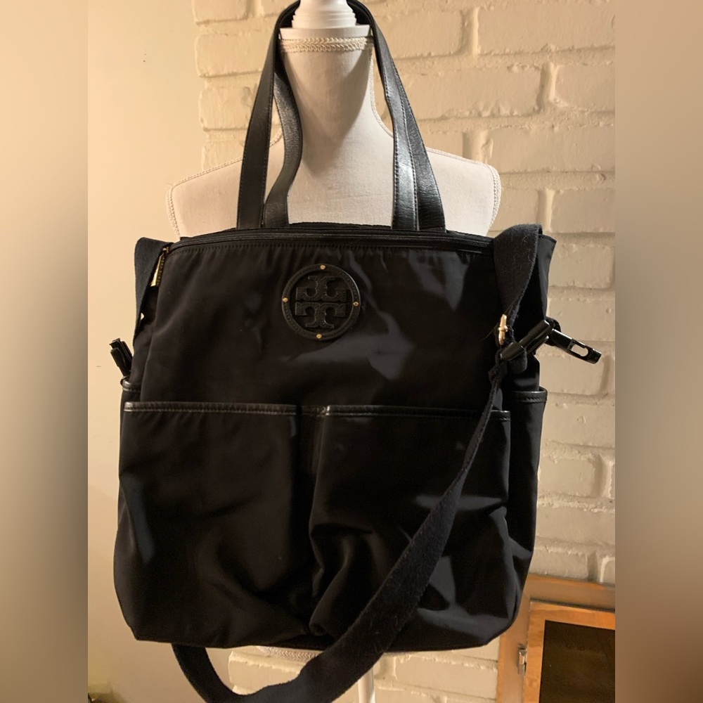 Black nylon Tory Burch Diaper or crossbody tote. Handles and crossbody strap